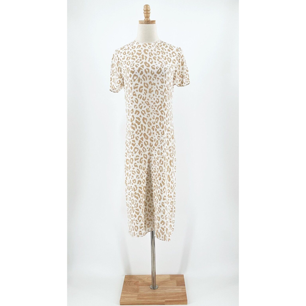 Jenni Kayne Womens 100% Silk Midi Shift Dress XS Cheetah Print Minimalist Preppy